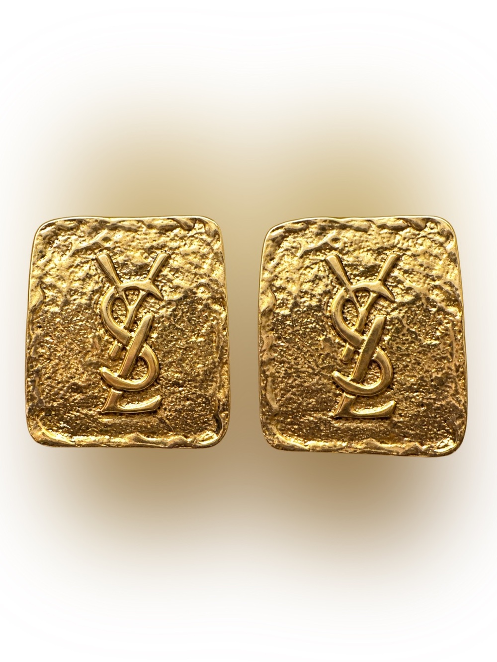 Vintage YSL Yves Saint Laurent 1980s Hammered Gold Clip On Earrings